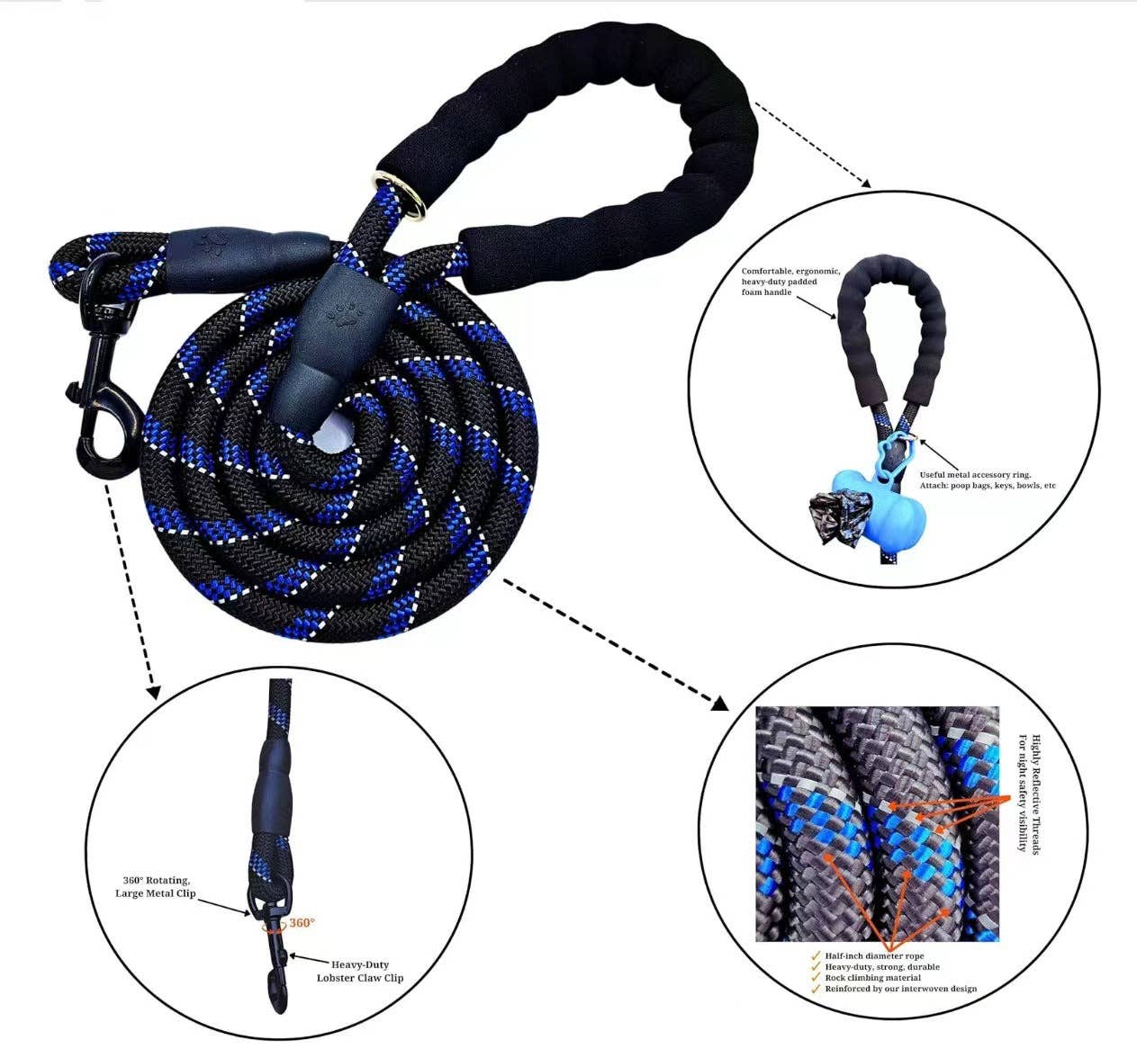 Mr. Peanut's Basics Rope Leash - Hand Made in the USA: Large .5" (1.2cm) Diameter X 71" (1.8m) / White/Black
